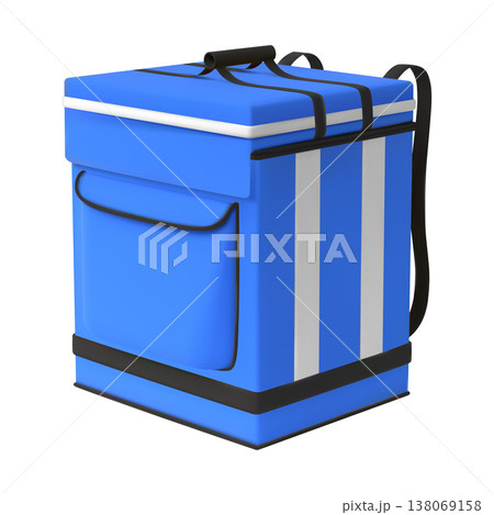 3D blue courier delivery backpack, vector realistic thermal box container refrigerator for fresh food product shipping 3D blue courier delivery backpack, vector realistic thermal box container refrigerator for fresh food product shipping 138069158