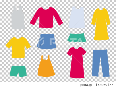 A set of colorful and simple hand-drawn illustrations of clothing items such as T-shirts and pants. 138069177