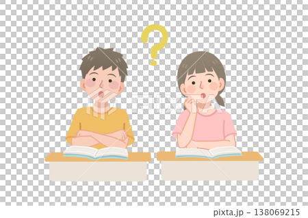一個男孩和一個女孩在教室課桌前思考。 138069215