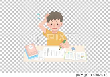 A primary school boy who has too many homework assignments and can't finish them all. A primary school boy who has too many homework assignments and can't finish them all. 138069217