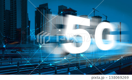 5G internet technology is shown in a city with tall buildings and construction sites 5G internet technology is shown in a city with tall buildings and construction sites 138069269