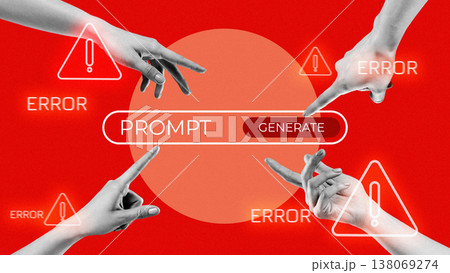 Hands pointing at a prompt button on a red background with error warnings in the scene 138069274