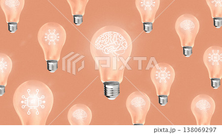 Bright light bulbs with brain and technology designs show ideas and innovation process 138069297