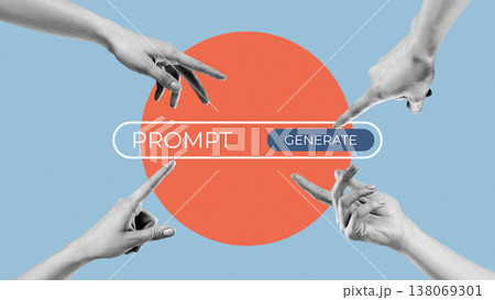 Hands reach toward a button on a colorful background during a creative activity 138069301