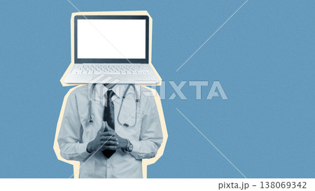 Doctor with a laptop head represents AI in healthcare at a modern clinic in 2023 138069342