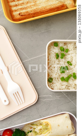 Lunch tray with rice and vegetables on a simple table Lunch tray with rice and vegetables on a simple table 138069358
