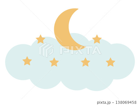 子供の寝かしつけや安眠・雲の上に三日月と星が浮かぶ夜空・パステルカラーの雲と月と星のファンタジー背景 子供の寝かしつけや安眠・雲の上に三日月と星が浮かぶ夜空・パステルカラーの雲と月と星のファンタジー背景 138069458