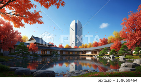ビルの谷間の紅葉と日本庭園 138069464