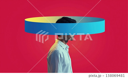 A striking portrait of a young man partially obscured by a vibrant blue circular form. 138069481