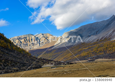 The last Shangri La, view of autumn highland snow mountain of Yading Nature Reserve, snow-capped mountains, crystal clear lakes, vast grasslands, colorful forests, Shangri-La Town, Daocheng, Sichuan, 138069940