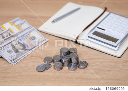 Managing finances with cash, coins, and a calculator, while drafting notes for budgeting at home Managing finances with cash, coins, and a calculator, while drafting notes for budgeting at home 138069993