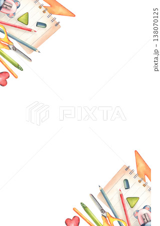 Hand-painted watercolor vertical stationary, pencils, ruler, eraser, sharpener, notebook, isolated on white. Perfect for kids posters, education materials, school designs, invitations, decor 138070125