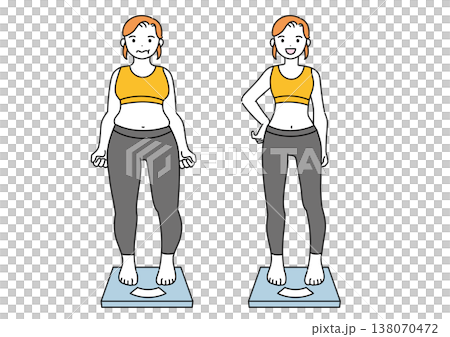 ダイエット・痩せた女性が体重計に乗るイラスト ビフォーアフター ダイエット・痩せた女性が体重計に乗るイラスト ビフォーアフター 138070472