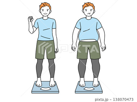 ダイエット・痩せた男性が体重計に乗るイラスト　ビフォーアフター 138070473