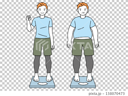 ダイエット・痩せた男性が体重計に乗るイラスト　ビフォーアフター 138070473