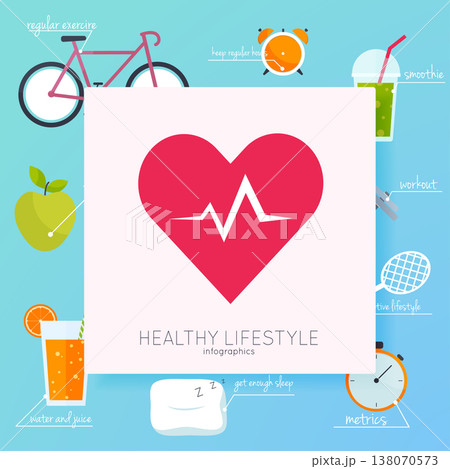 Concept of healthy lifestyle infographics. Icons for web: fitness, healthy food and metrics. Flat design vector illustration. 138070573