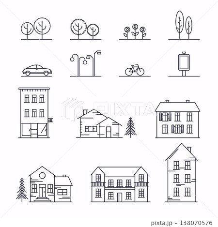 Vector city illustration in linear style. Icons and illustrations with buildings, houses and architecture signs. Ideal for business web publications, graphic design. Flat style vector illustration. Vector city illustration in linear style. Icons and illustrations with buildings, houses and architecture signs. Ideal for business web publications, graphic design. Flat style vector illustration. 138070576
