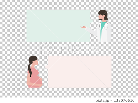 向量插圖，描繪了一位孕婦和一位女醫生之間的對話氣泡。 138070616