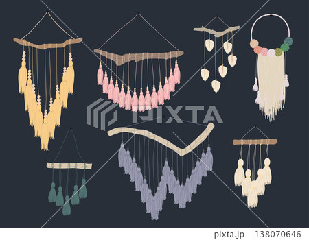 Macrame wall hangings.Bundle of elegant handmade home decorations made of cotton cord isolated on white background. 138070646