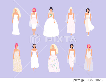 Set of women in wedding dresses in different styles. Vector illustration. 138070652