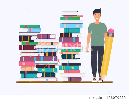 Man with pencil. Education concept. Science concept with book icons.Flat design modern vector illustration concept. 138070653