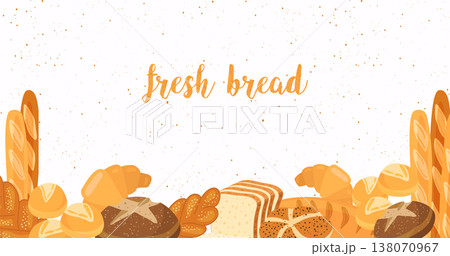 Set of  food: bread, bread, buns, croissant, loaf. Vector illustration, isolated on white. 138070967