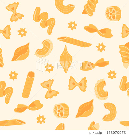 Seamless pattern of traditional pasta shapes. Vector illustration set of different types of pasta. Seamless pattern of traditional pasta shapes. Vector illustration set of different types of pasta. 138070978
