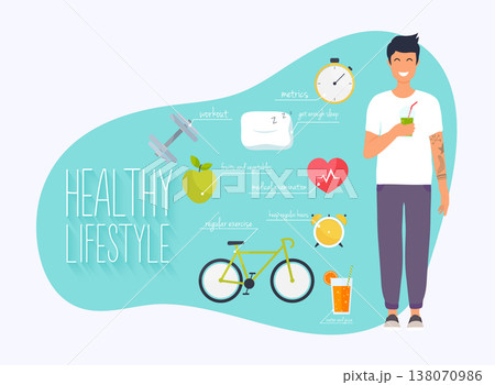 Concept of healthy lifestyle infographics. Young man lead a healthy lifestyle. Icons for web: fitness, healthy food and metrics. Flat design vector illustration. - Vector 138070986