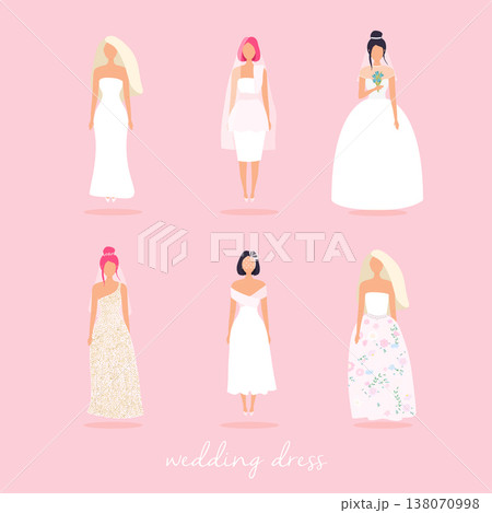 Set of women in wedding dresses in different styles. Vector illustration. 138070998