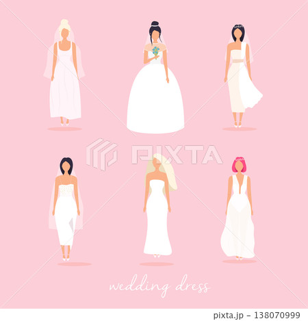 Set of women in wedding dresses in different styles. Vector illustration. Set of women in wedding dresses in different styles. Vector illustration. 138070999