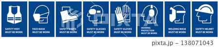 Mandatory sign set, Protective workwear icons, Safety work equipment and protective clothing, Construction safety labels Mandatory sign set, Protective workwear icons, Safety work equipment and protective clothing, Construction safety labels 138071043