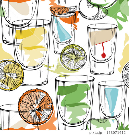 Flatliner, Slippery nipple, Appletini, Blue Kamikaze Multicolor tile of assorted shot ink silhouettes. Hand drawn vector seamless design for festive goods, merchandise, wrapping and themed printables. Flatliner, Slippery nipple, Appletini, Blue Kamikaze Multicolor tile of assorted shot ink silhouettes. Hand drawn vector seamless design for festive goods, merchandise, wrapping and themed printables. 138071412