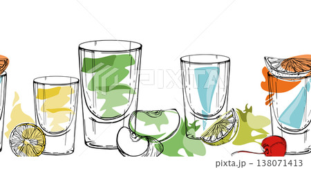 Lemon drop, Appletini, Blue Kamikaze, absinthe. Neon-style shot banner in multicolor accents. Hand drawn seamless ink strip for nightlife content, party headers, packaging edges, decorative ribbons. Lemon drop, Appletini, Blue Kamikaze, absinthe. Neon-style shot banner in multicolor accents. Hand drawn seamless ink strip for nightlife content, party headers, packaging edges, decorative ribbons. 138071413