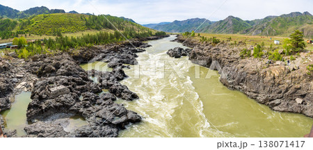 Narrowest and deepest section of Katun river with lava banks in Altai Russia. View from Oroktoy bridge reveals powerful mountain stream cutting through rocky gorge. Narrowest and deepest section of Katun river with lava banks in Altai Russia. View from Oroktoy bridge reveals powerful mountain stream cutting through rocky gorge. 138071417