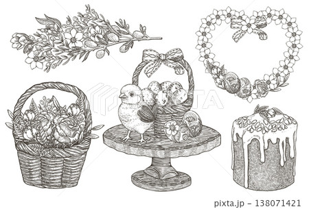 Easter vector set with chick on the wood tray and rose flower basket. Hand drawn vintage outline illustration with willow and jasmine bouquet and heart frame. Perfect for traditional holiday card. Easter vector set with chick on the wood tray and rose flower basket. Hand drawn vintage outline illustration with willow and jasmine bouquet and heart frame. Perfect for traditional holiday card. 138071421