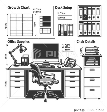 Office Desk Setup Diagram with Measurements Layout Office Desk Setup Diagram with Measurements Layout 138071583