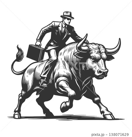 Businessman Riding Bull engraving sketch vector 138071629