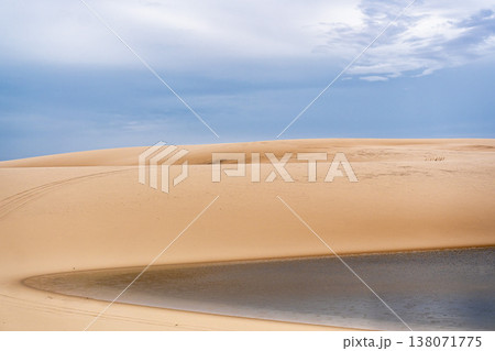 Dunes and lagoons of Atins, Lencois Maranhenses, Barreirinhas, Brazil. White sand dunes with pools of fresh water 138071775