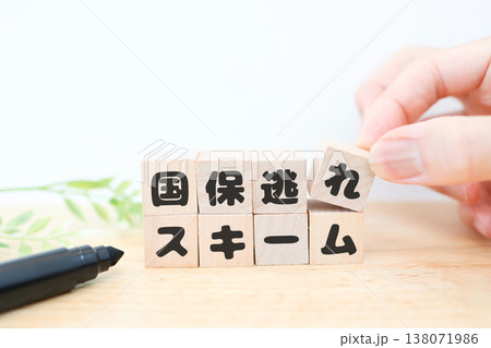 国保逃れスキームを示す。木製ブロックと白背景の写真。 国保逃れスキームを示す。木製ブロックと白背景の写真。 138071986