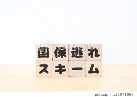国保逃れスキームを示す。木製ブロックと白背景の写真。 国保逃れスキームを示す。木製ブロックと白背景の写真。 138071987