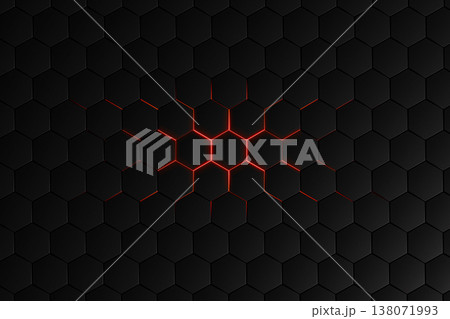 Dark Hexagonal Pattern with Red Glow Center, Abstract Tech Background Dark Hexagonal Pattern with Red Glow Center, Abstract Tech Background 138071993