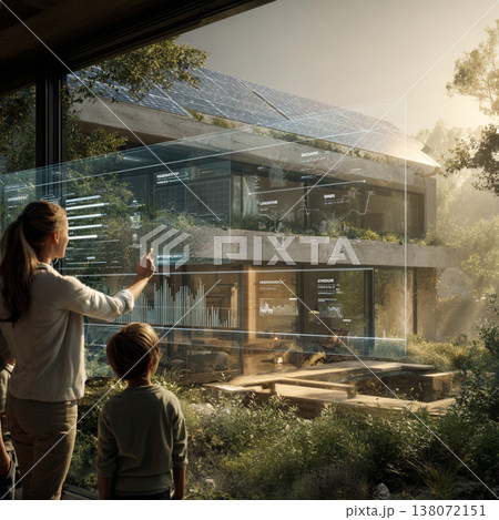 Woman using smart home control panel with solar panels background. 138072151