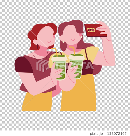 Women taking photos with matcha drinks in hand; cafe hopping; matcha sweets 138072165