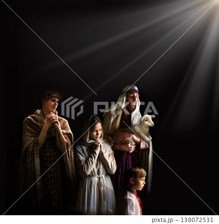 Mary sits in the stable near the manger with the baby Mary sits in the stable near the manger with the baby 138072531