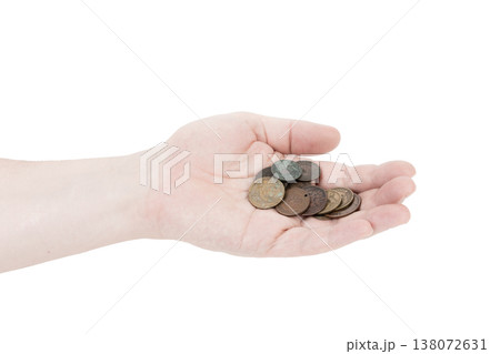 A man's hand holding coins. A man's hand holding coins. 138072631