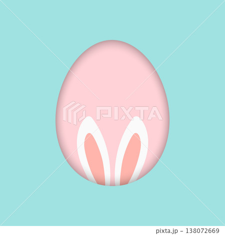 Happy easter egg pink pastel color greeting card design with white bunny ear on blue background, Vector illustration Happy easter egg pink pastel color greeting card design with white bunny ear on blue background, Vector illustration 138072669