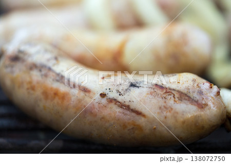 Grilled pork bangers, cooked sausages bbq. Grilled pork bangers, cooked sausages bbq. 138072750