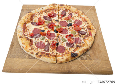 Pepperoni pizza on a wooden tray. Pepperoni pizza on a wooden tray. 138072769