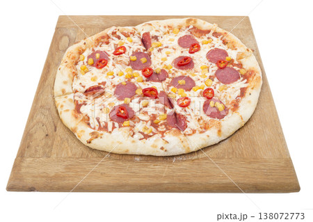 Pepperoni pizza with corn a wooden tray. 138072773