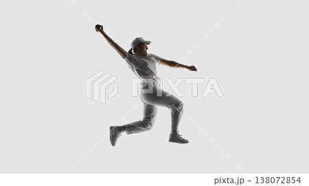 Female cricket player performing bowling jump action isolated on white Female cricket player performing bowling jump action isolated on white 138072854